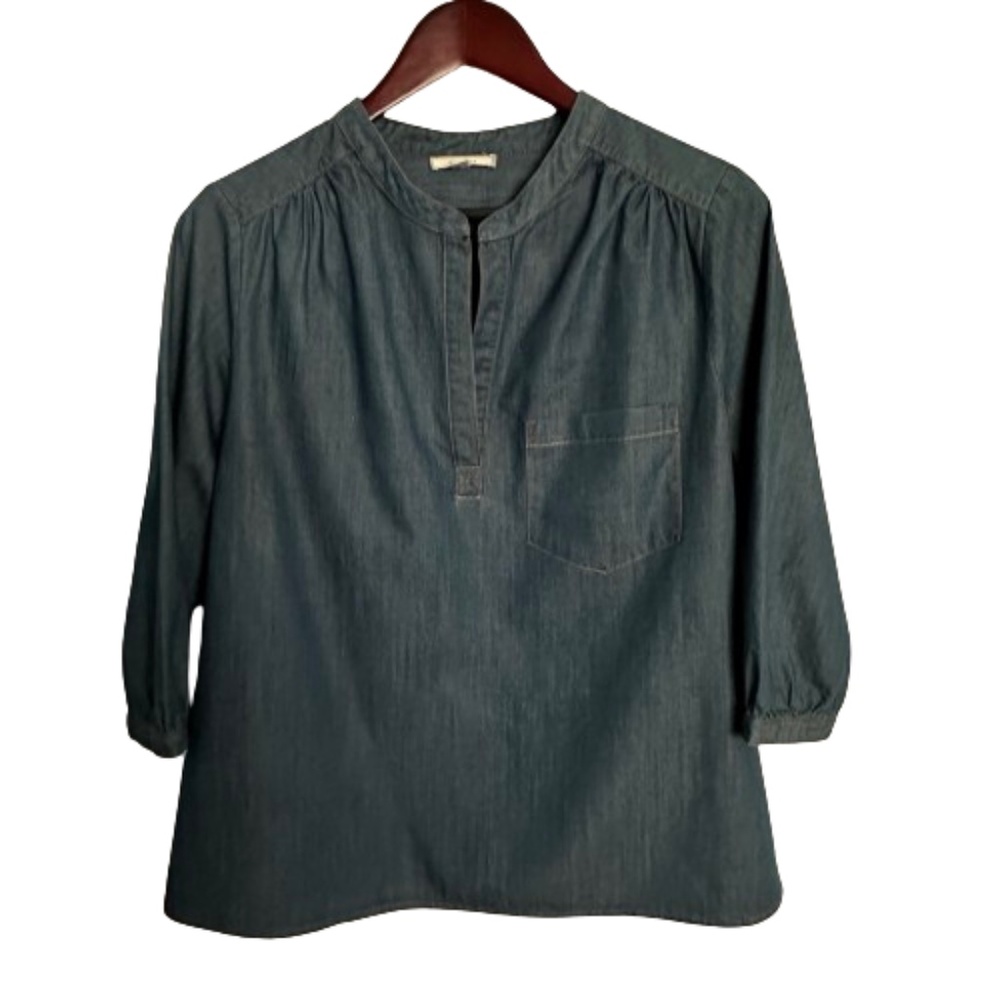 Pleione Women's Small Blue Denim 3/4 Sleeves Pull Over Blouse Tunic Shirt Top - Picture 10 of 16